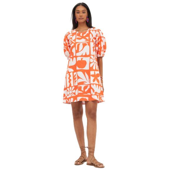 Oliphant RARE Puff Sleeve Crew Neck Mini Dress Orange Twiggy Print XXS Oversized - Picture 1 of 9